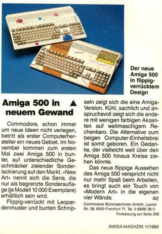 Ein Scan aus dem Amiga-Magazin 11/1989 mit der Überschrift „Amiga 500 in neuem Gewand". Abgebildet sind die zwei Sondermodelle der „New Art"-Serie: oben das Ball-Design auf Karomuster und unten das Leopard-Design mit bunten Schnipseln. Der Text beschreibt die Limitierung auf jeweils 10.000 Exemplare pro Modell.